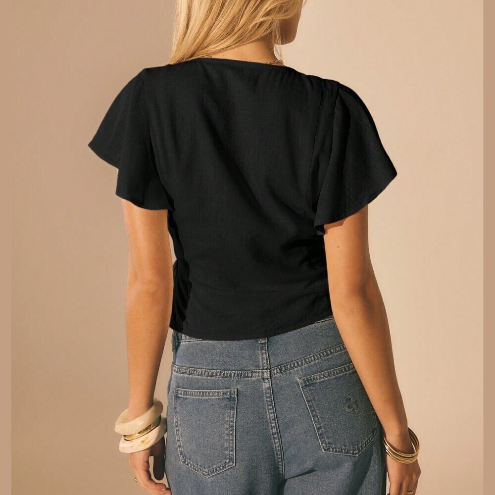 Black Wrap Front Blouse with Flutter Sleeves and Tie Waist - Picture 3 of 10